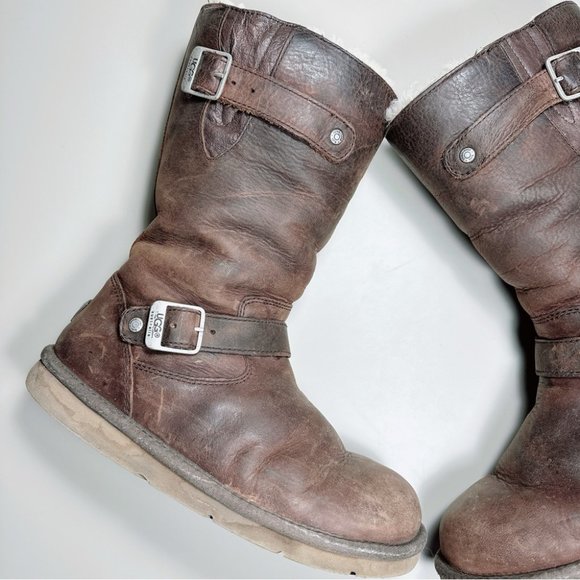 Ugg  Rare Kensington Wax Brown Sheepskin ShearlingBuckle  Boots - Picture 10 of 16